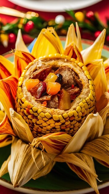 Foto fotografia em close de um prato de hallaca venezuelano