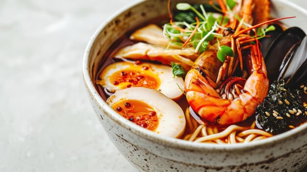 Fotografia em close de um seafood ramen em uma superfície branca limpa