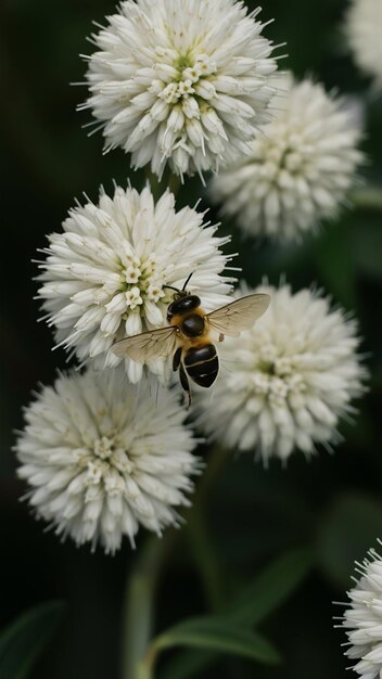 Fotografia em close de uma abelha voando para polinizar flores brancas