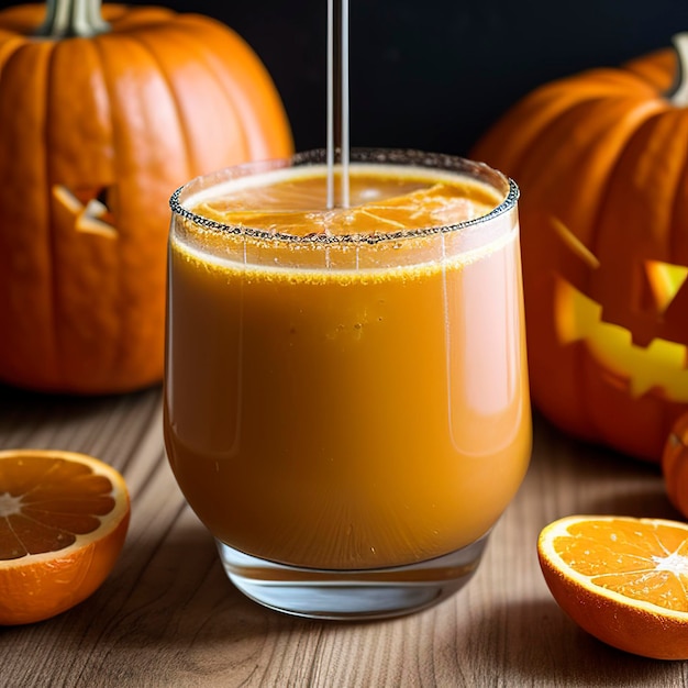 Fotografia em close de uma bebida festiva de Halloween de abóbora laranja