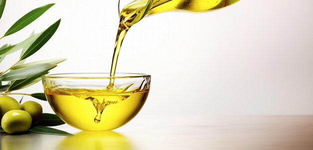 Foto fotografia em close de uma garrafa derramando azeite de oliva em uma tigela