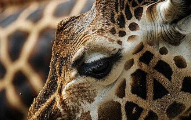 Foto fotografia em close de uma girafa com um padrão de pele manchada