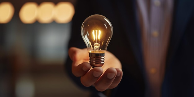 Fotografia em close de uma mão segurando uma lâmpada de iluminação Plano de negócios de conceito de ideia