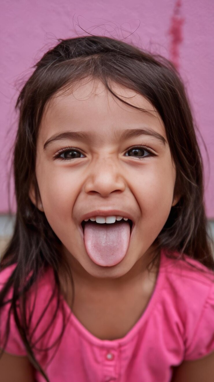 Foto fotografia em close de uma menina com a língua para fora sobre rosa isolado