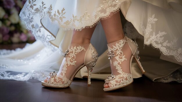 Foto fotografia em close de uma noiva usando sapatos de noiva