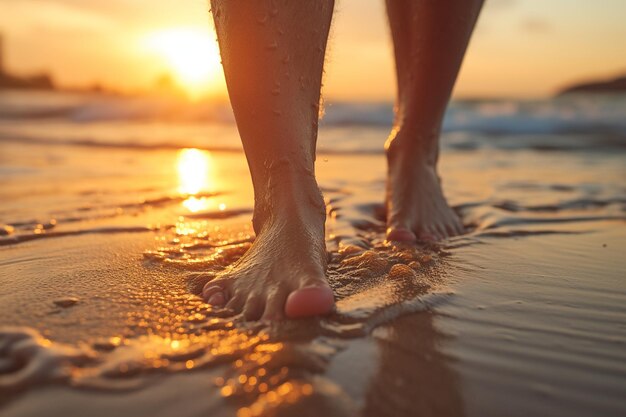 Fotografia em close de uma pessoa caminhando descalça na areia ao pôr do sol