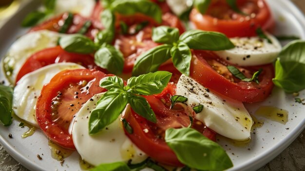 Fotografia em close de uma salada de caprese com mozzarella e tomates