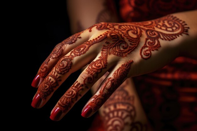 Fotografia em close-up da mão da mulher coberta com um belo desenho de tatuagem tradicional de Henna ou Mehndi