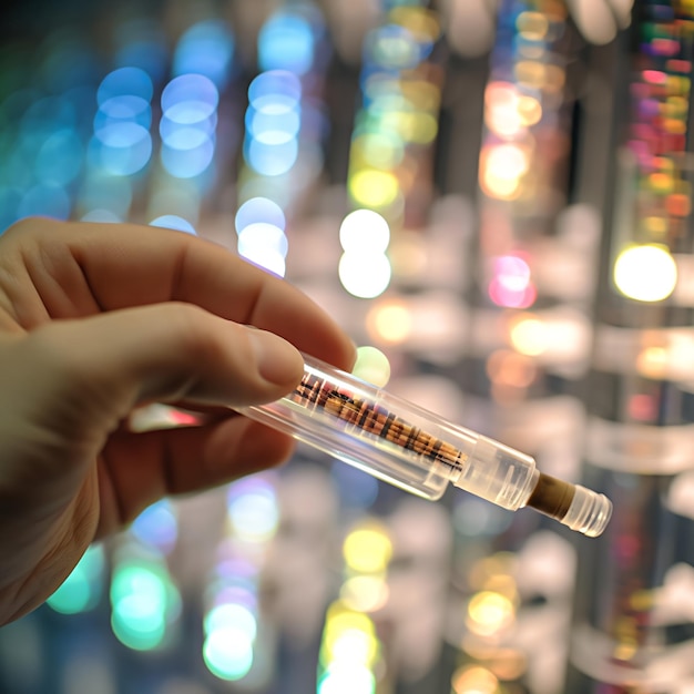 Fotografia em close-up da mão de uma pessoa segurando um tubo de ensaio cheio de amostras de DNA mostrando a coleção