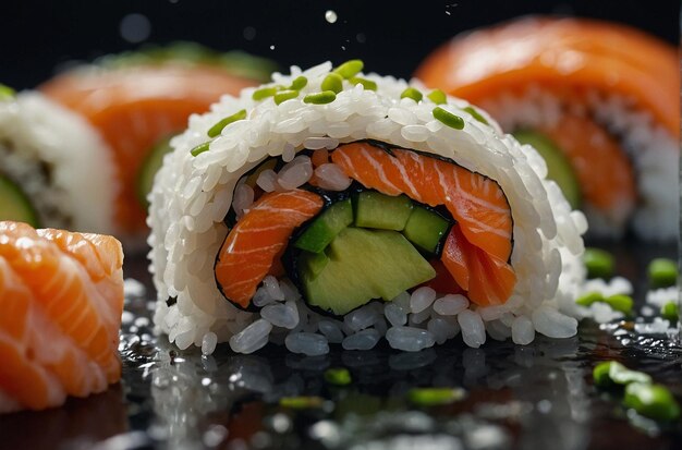 Fotografia em close-up de arroz sushi sendo temperado com vinagre