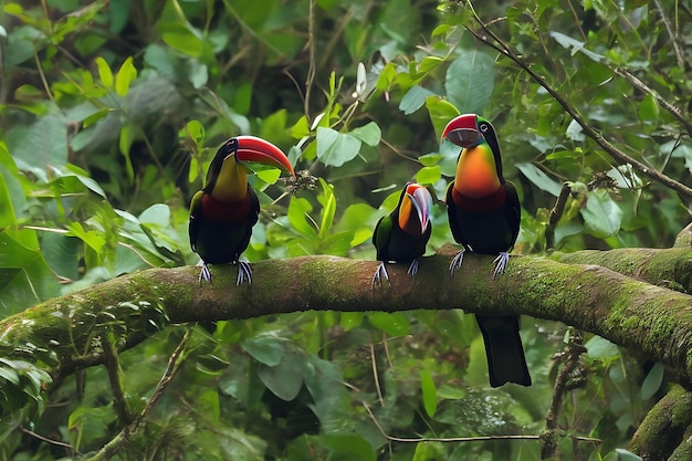 Fotografia em close-up de belos pássaros sentados em um galho de árvore cercados por folhas verdes_30