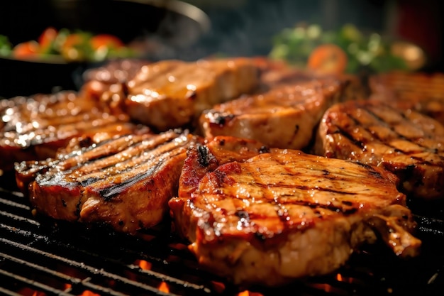 Fotografia em close-up de costeletas de porco suculentas em uma grelha de churrasco quente criada com IA generativa