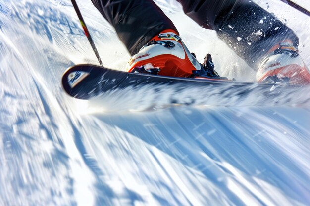 Foto fotografia em close-up de esqui ou snowboard descendo uma encosta da montanha