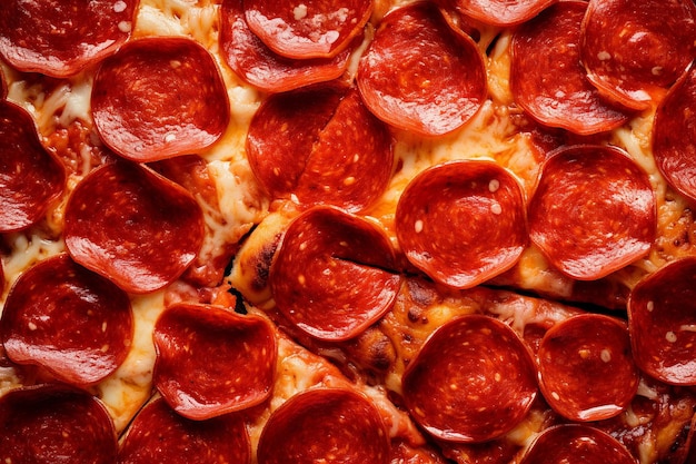 Fotografia em close-up de fatias de pepperoni dispostas em um belo padrão na pizza