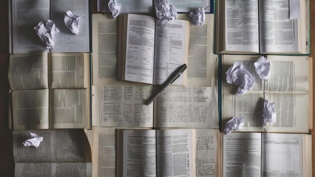 Fotografia em close-up de livros com uma caneta cinzenta e pedaços de papel arrugados em torno de uma superfície de madeira