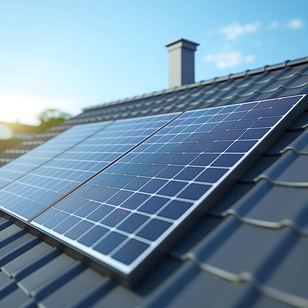 Fotografia em close-up de painéis solares no telhado de uma casa contemporânea solução de energia limpa para