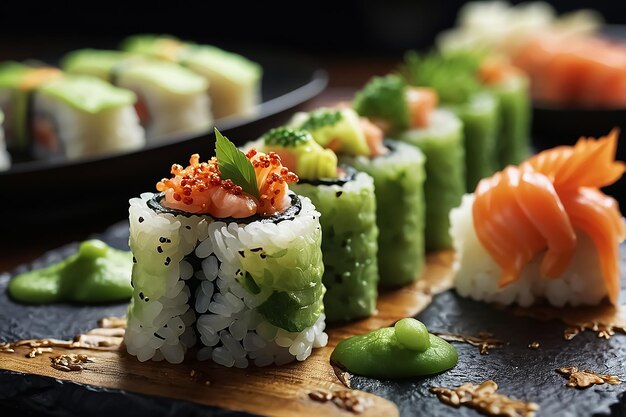 Foto fotografia em close-up de sushi com wasabi detalhes intrincados deliciosa comida asiática