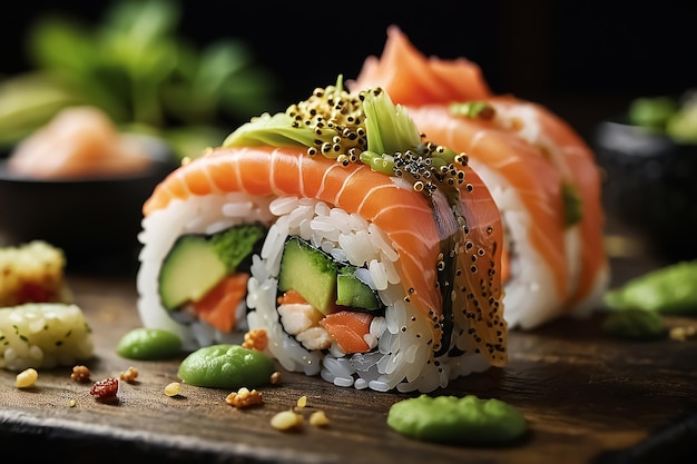 Foto fotografia em close-up de sushi com wasabi detalhes intrincados deliciosa comida asiática