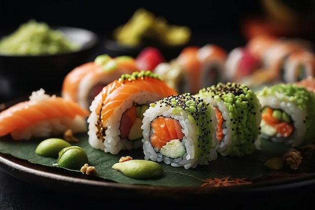 fotografia em close-up de sushi com wasabi detalhes intrincados deliciosa comida asiática