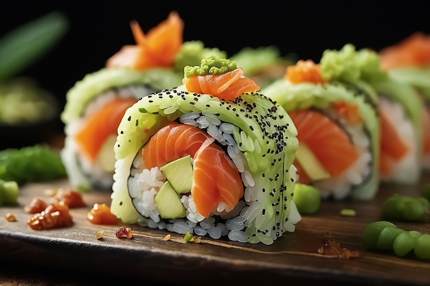 Foto fotografia em close-up de sushi com wasabi detalhes intrincados deliciosa comida asiática