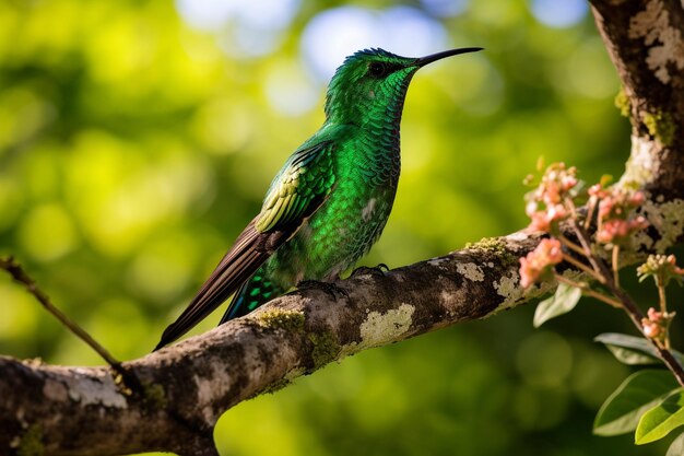 Fotografia em close-up de um beija-flor verde ao lado de uma árvore