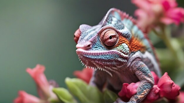 Fotografia em close-up de um belo camaleão na flor