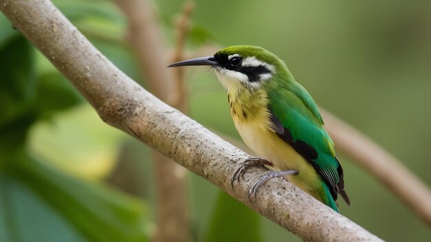 Fotografia em close-up de um belo pássaro beeeater empoleirado em um galho de árvore em um fundo desfocado