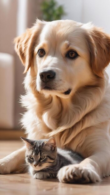 Foto fotografia em close-up de um cão bonito brincando com um gato e isolado em fundo branco