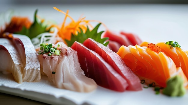 Fotografia em close-up de um conjunto de Sashimi contra fundo branco