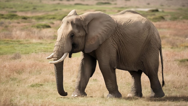 Fotografia em close-up de um elefante bonito caminhando na grama seca no deserto