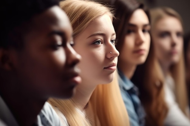 Foto fotografia em close-up de um grupo de alunos não identificáveis na aula criada com ia generativa