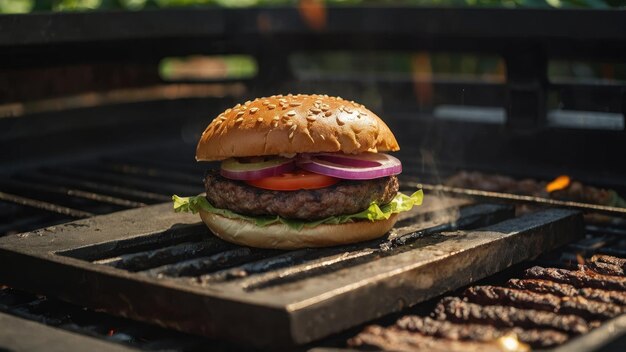 Fotografia em close-up de um hambúrguer suculento na grelha