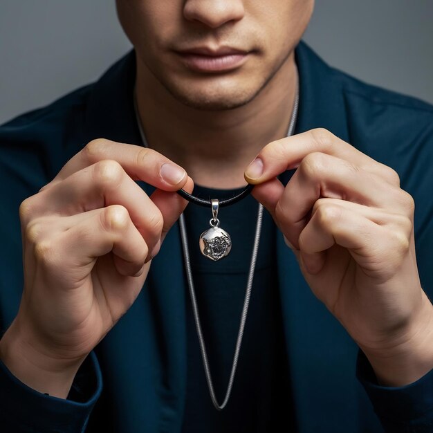 Fotografia em close-up de um homem segurando um colar de charme com um pingente de prata e um cordão preto