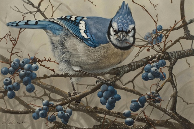 Fotografia em close-up de um jay azul empoleirado em um galho em fundo desfocado