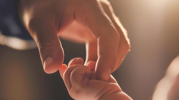 Foto fotografia em close-up de um pai segurando a mão de um bebê pequeno.