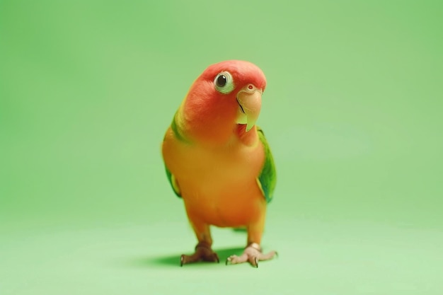 Fotografia em close-up de um papagaio colorido e bonito em um fundo verde