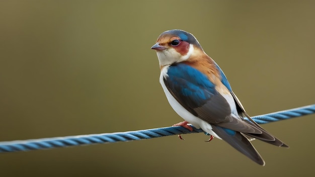 Fotografia em close-up de um pássaro de andorinha olhando para trás sentado no cordão