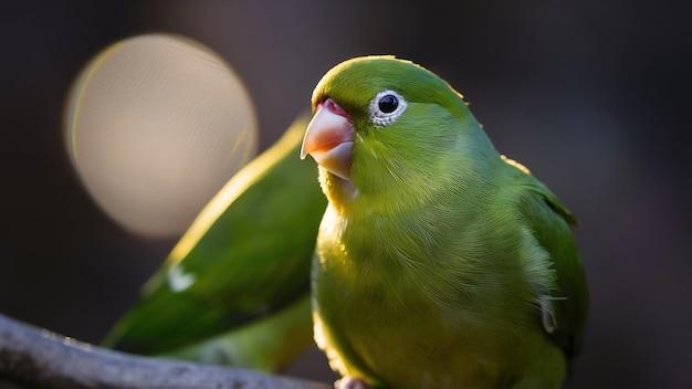 Fotografia em close-up de um pássaro-do-amor verde com fundo desfocado