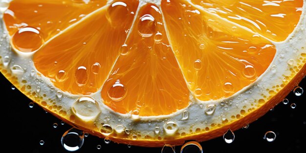 Foto fotografia em close-up de um pedaço de laranja madura com gotas de água uma foto para um cartaz ia geradora