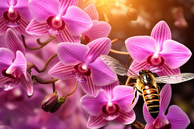 Foto fotografia em close-up de uma abelha ou borboleta polinizando uma orquídea no buquê