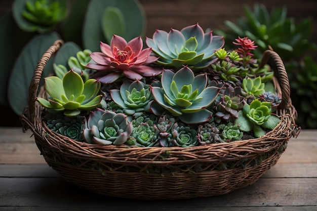 Fotografia em close-up de uma coleção de plantas suculentas dispostas em uma encantadora cesta de vime