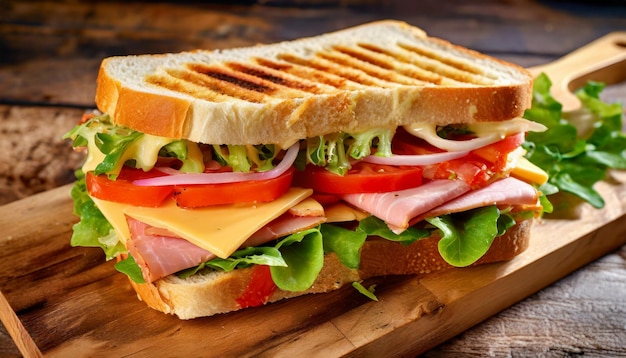 Fotografia em close-up de uma deliciosa sanduíche com tomate de presunto, queijo e folhas de alface.