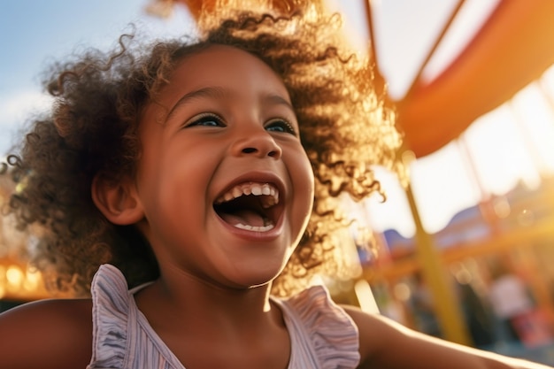 Fotografia em close-up de uma menina rindo e se divertindo no parque de diversões IA generativa