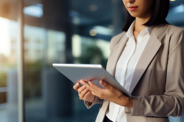 Fotografia em close-up de uma mulher de negócios confiante a fazer uma apresentação corporativa convincente usando uma