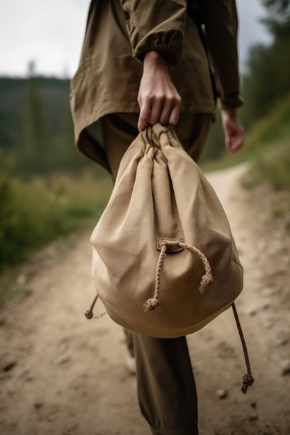 Fotografia em close-up de uma mulher irreconhecível segurando uma bolsa enquanto fazia uma caminhada