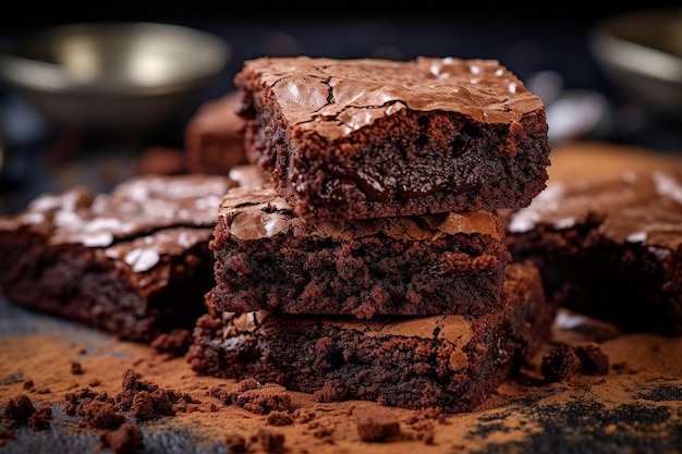 Fotografia em close-up de uma pilha de brownies recém-cozidos