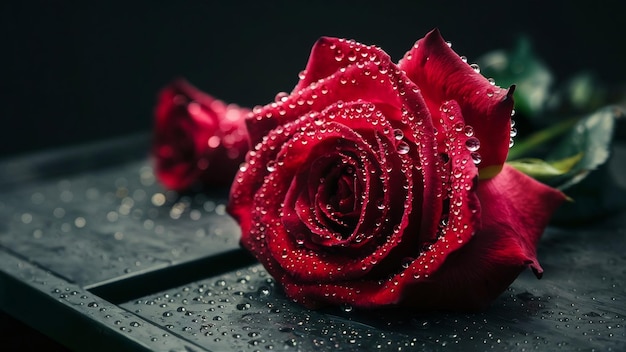 Fotografia em close-up de uma rosa vermelha com orvalho em cima de uma preta