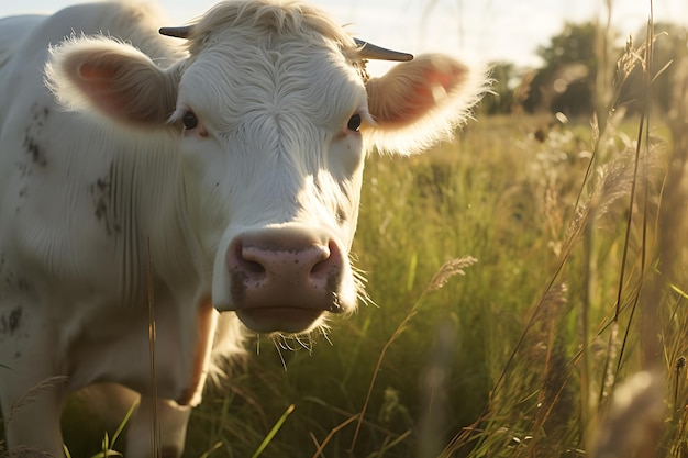 Fotografia em close-up de uma vaca branca pastando em um pasto