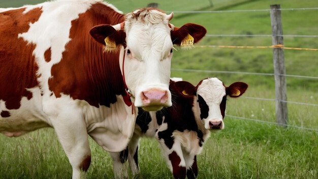 Fotografia em close-up de uma vaca e um bezerro em um campo verde com cerca