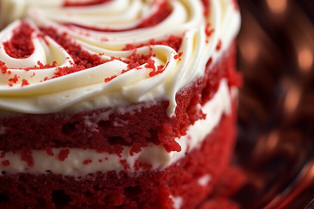 Foto fotografia em close-up destacando a textura úmida das camadas de bolo de veludo vermelho